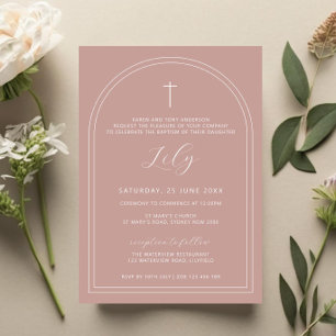 Double arch simple cross pink christening baptism invitation
