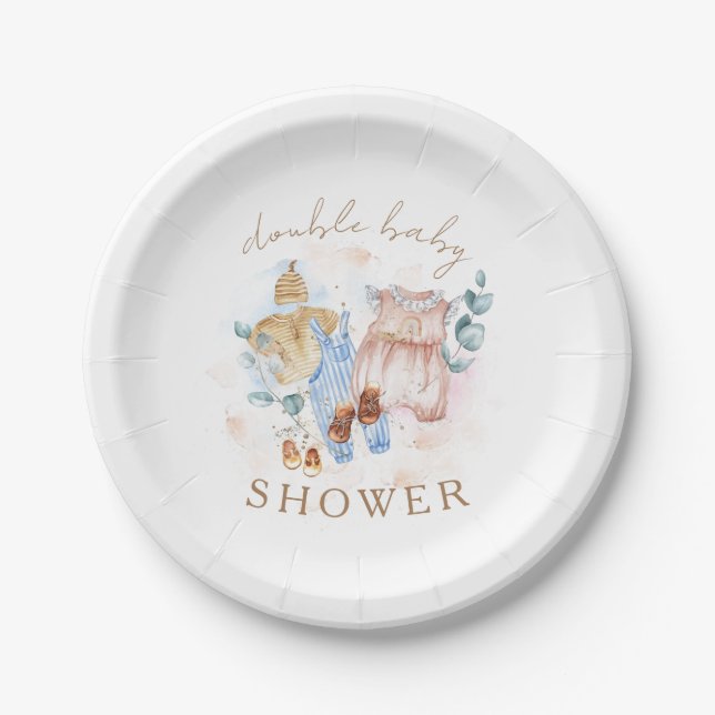 Double Baby Shower Watercolor Modern Baby Shower  Paper Plate (Front)