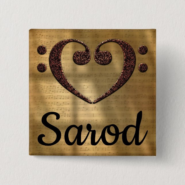 Double Bass Clef Heart Sarod 15 Cm Square Badge (Front)