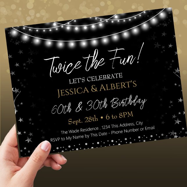 Double Birthday Black and Silver Lights Invitation (Creator Uploaded)