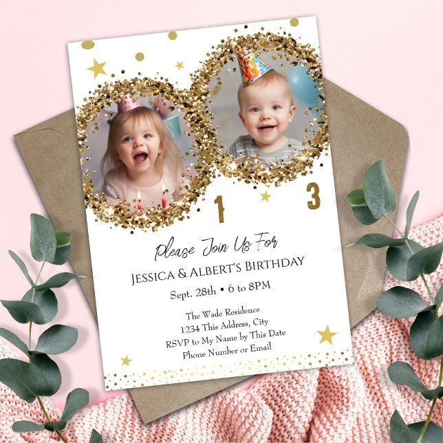 Double Birthday Gold Glitter Kids Photo Invitation (Creator Uploaded)