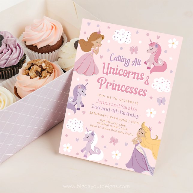 Double Birthday Invitation Princess. Joint Unicorn (Princess and Unicorn Pink Joint Birthday Invitation)