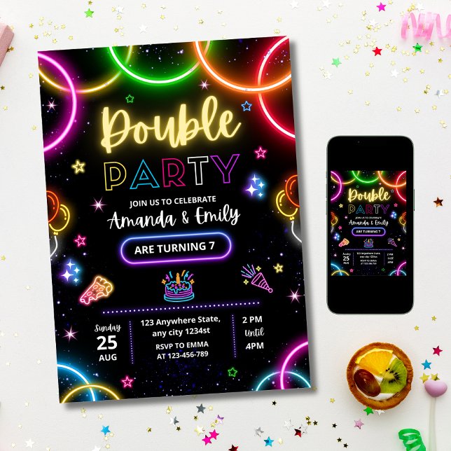Double Birthday Invitation, Twin Neon Birthday  Invitation (Creator Uploaded)