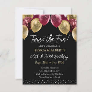 Double Birthday Red and Gold Balloon Invitation
