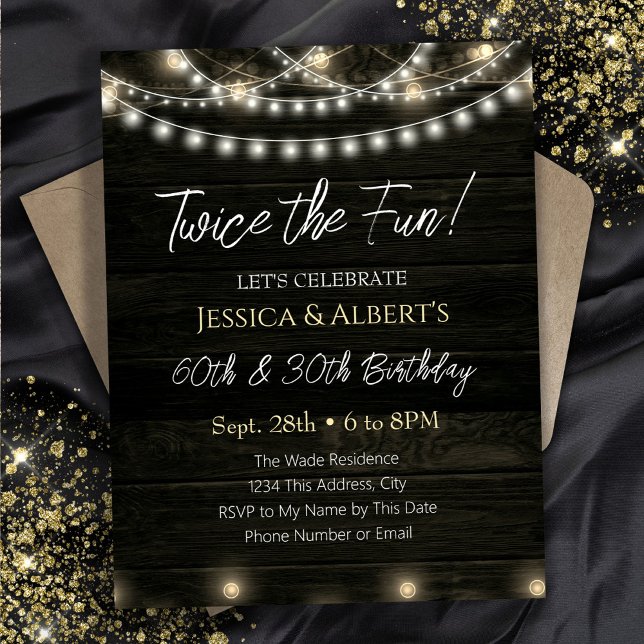 Double Birthday String Light Wood Invitation (Creator Uploaded)