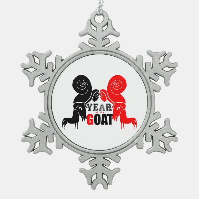 Double Black Red Ram Goat Chinese Year Zodiac O Snowflake Pewter Christmas Ornament (Front)