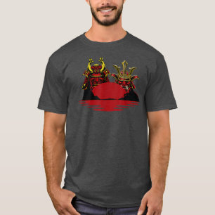 Double Blood Red Samurai Oni Masks Rising over Sun T-Shirt