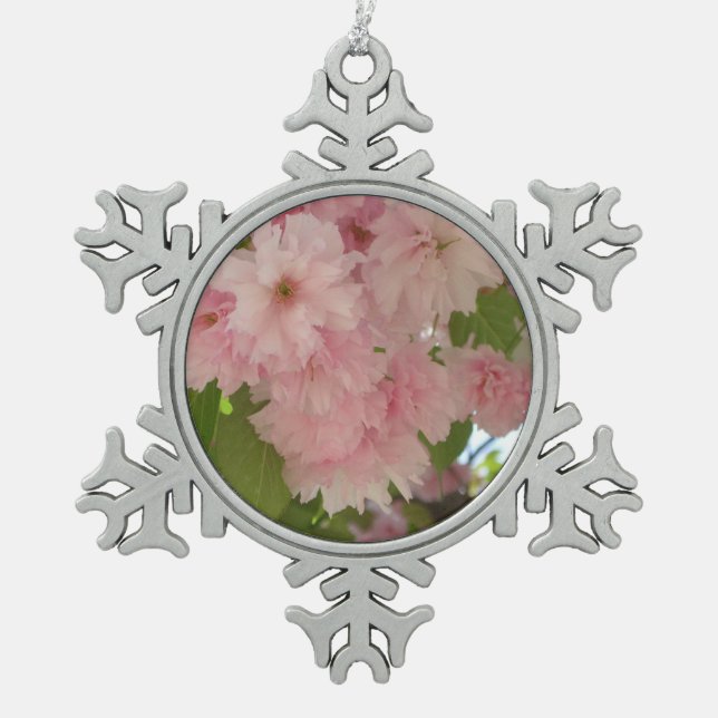 Double Blossoming Cherry Tree II Spring Floral Snowflake Pewter Christmas Ornament (Front)