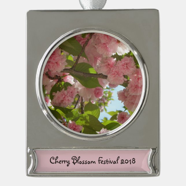 Double Blossoming Cherry Tree III Spring Floral Silver Plated Banner Ornament (Front)