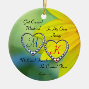Double Blue and Red Heart Monograms with Bible Quo Ceramic Tree Decoration