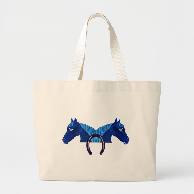 Double Blue Horse And A Horseshoe Large Tote Bag (Front)