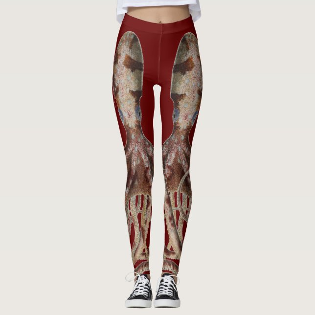 Double Blue-ring Octopus on Blood Red Leggings (Front)