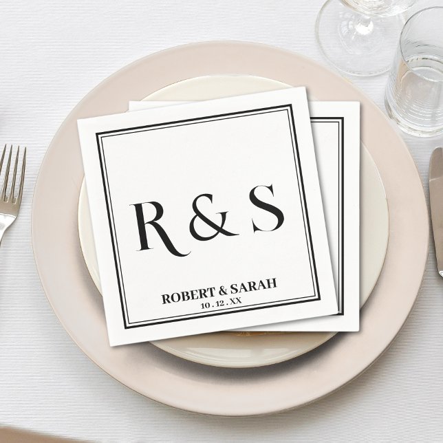 Double Border Simple Modern Monogram Wedding Napkin (monogram double square border wedding reception bridal shower napkin)