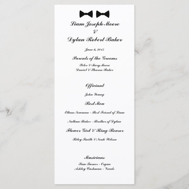 "Double Bow Ties" Wedding Program Programme (Front)