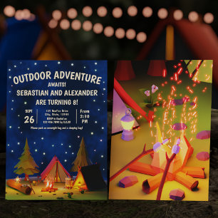 Double Camping Outdoor Adventure Awaits Birthday Invitation