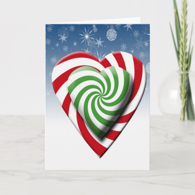Double Candy Cane Hearts Christmas Color Snowflake Holiday Card (Front)