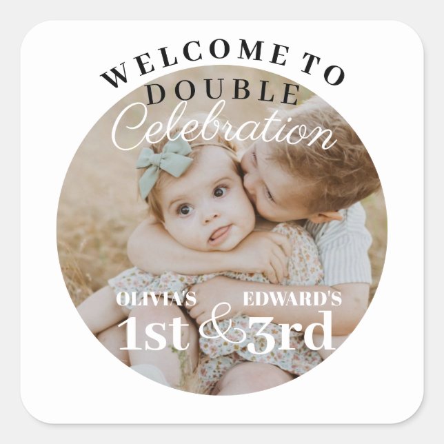 Double Celebration Birthday Photo Minimalist Square Sticker (Front)