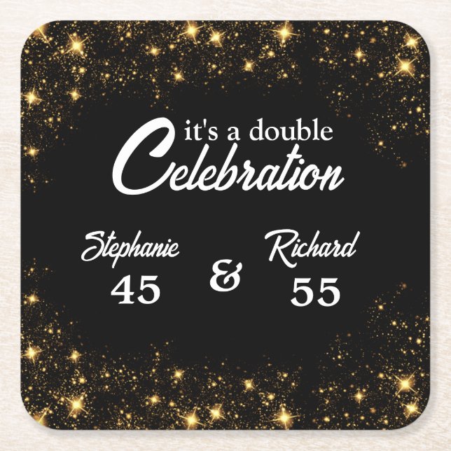 Double Celebration Joint Birthday Gold Black  Square Paper Coaster (Front)