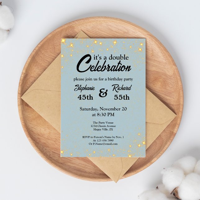 Double Celebration Joint Birthday Gold Blue Invitation (Creator Uploaded)