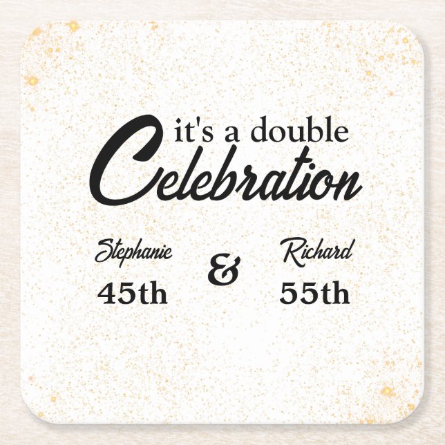 Double Celebration Joint Birthday Gold White Square Paper Coaster (Front)