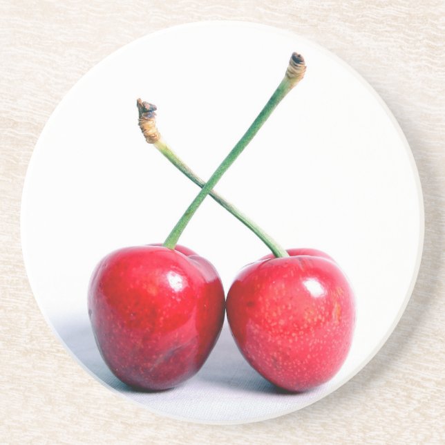 Double Cherries Photo Sandstone Drink Coaster (Front)