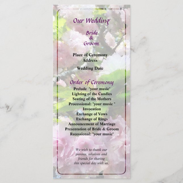 Double Cherry Blossoms Wedding Program Programme (Front)