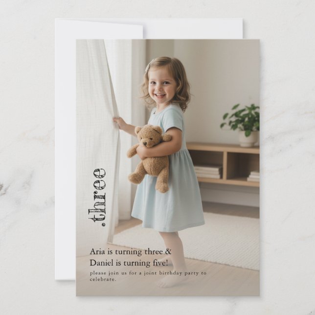 Double Child Kid Sibling Cute Photo Joint Party Invitation (Front)