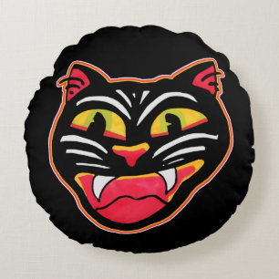 Double Colour Vintage Cat Halloween Art Cartoon  Round Cushion