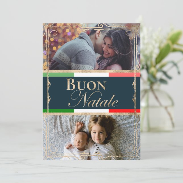 Double Custom Photo Buon Natale Italian Christmas Holiday Card (Standing Front)