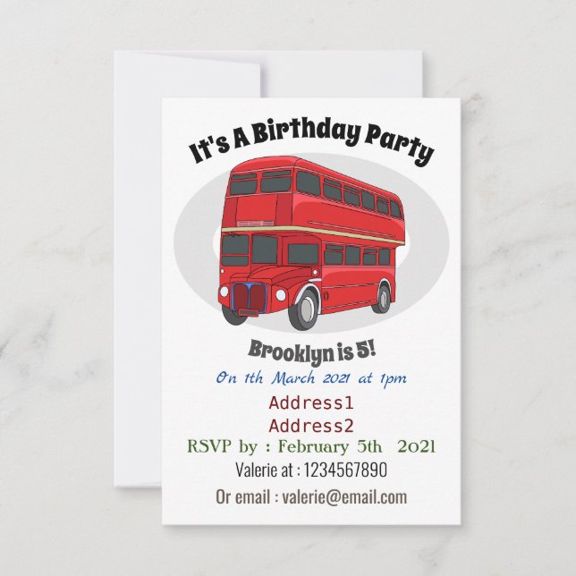 Double-decker bus cartoon illustration invitation (Front)