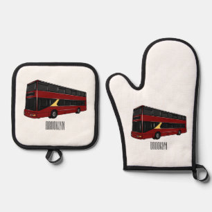 Double-decker bus cartoon illustration oven mitt & pot holder set
