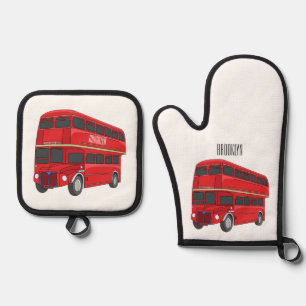 Double-decker bus cartoon illustration oven mitt & pot holder set