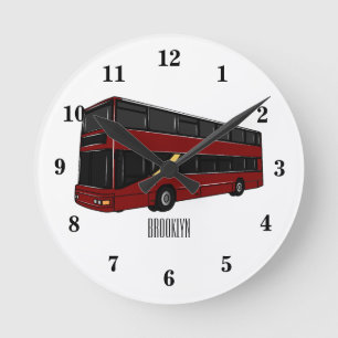 Double-decker bus cartoon illustration round clock