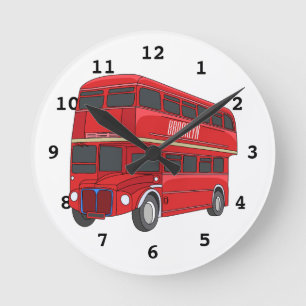 Double-decker bus cartoon illustration round clock
