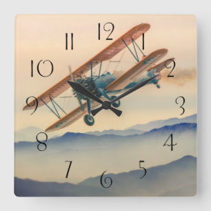 double decker oldtimer propeller plane square wall clock