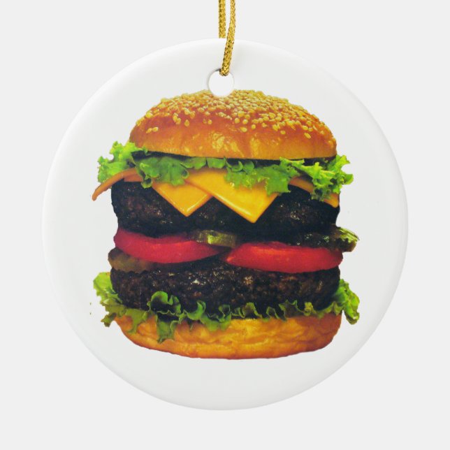 Double Deluxe Hamburger with Cheese Ceramic Tree Decoration (Front)