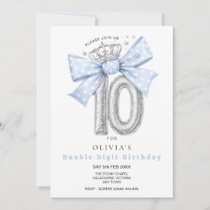 Double Digit, 10th Birthday Blue Bow Invitation