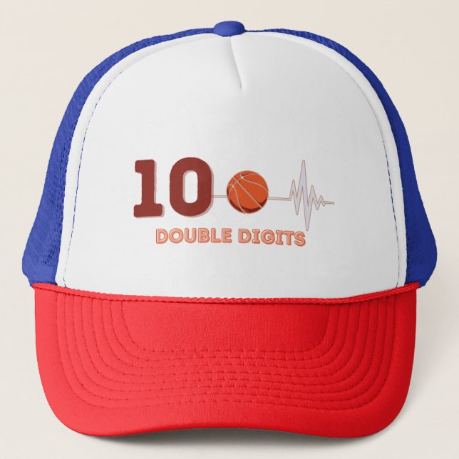 Double Digits 10 Years Old Birthday Boy Basketball Trucker Hat (Front)