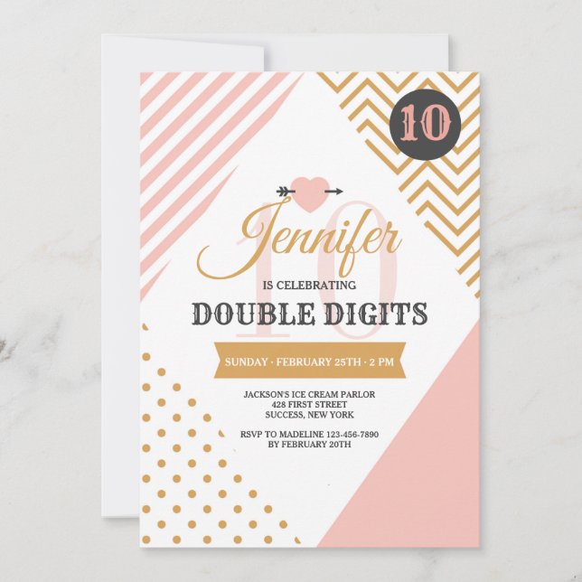 Double Digits Pink and Gold Party Invitation (Front)