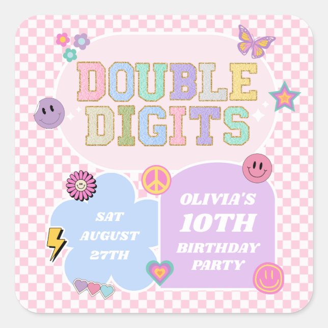 Double Digits Preppy Patch 10th Birthday Party Square Sticker (Front)