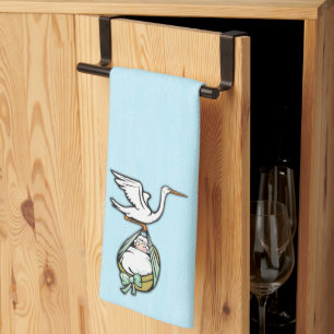 Double Display Stork Carries a Baby Boy Tea Towel
