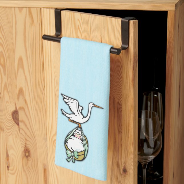 Double Display Stork Carries a Baby Boy Tea Towel (Thirds Fold)