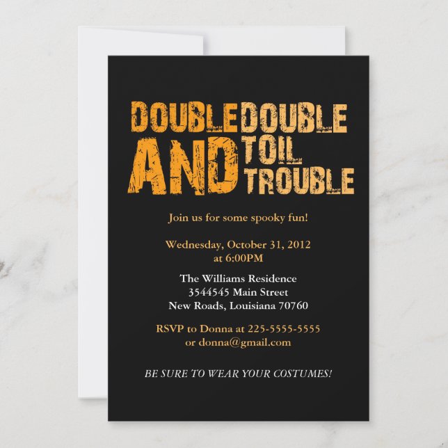 Double Double Toil & Trouble | Halloween Party Invitation (Front)