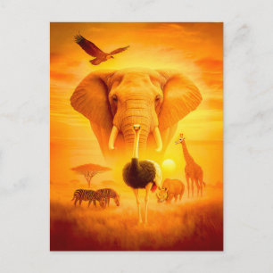 Double Exposure African Animals with Elephant and Holiday Postcard