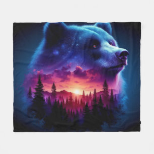 Double Exposure Bear Portrait With Vibrant Sunset Fleece Blanket