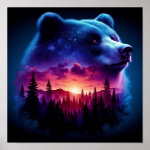 Double Exposure Bear Portrait With Vibrant Sunset Poster