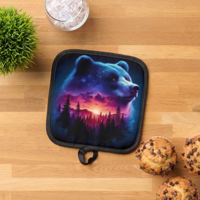 Double Exposure Bear Portrait With Vibrant Sunset Pot Holder (Top Down)