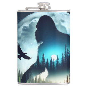 Double Exposure Bigfoot, Eagle and Full Moon Hip Flask