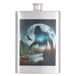 Double Exposure Bigfoot, Eagle and Full Moon Hip Flask