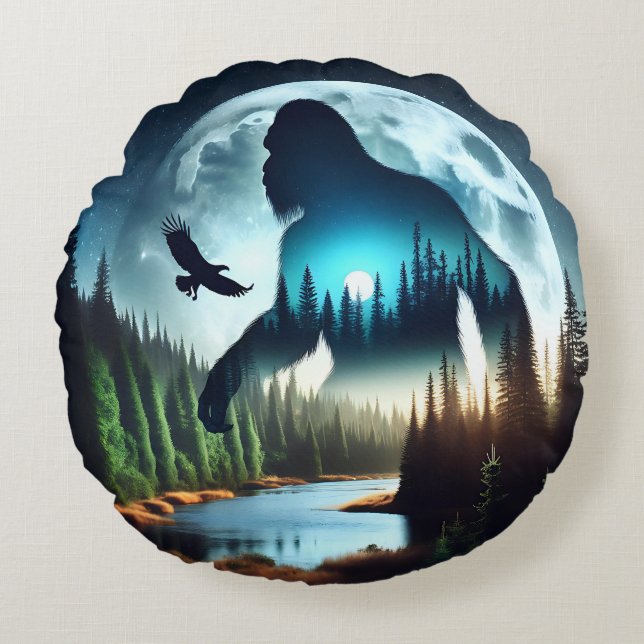 Double Exposure Bigfoot, Eagle and Full Moon Round Cushion (Front)